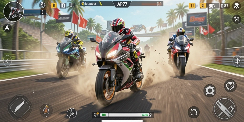 Screenshot menunjukkan momen seru balap motor di API77.