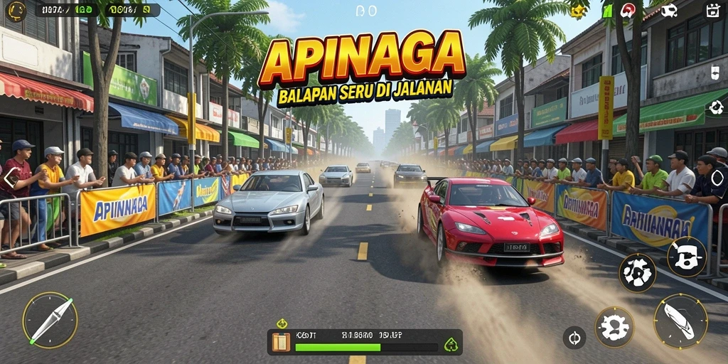 Screenshot gameplay APINAGA menampilkan momen balapan mendebarkan.